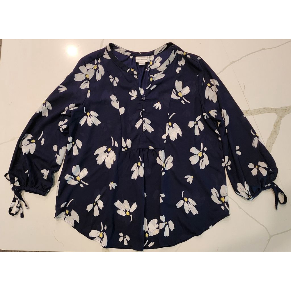 Liz Claiborne XL Navy Blue Floral Blouse Long Sleeve Tie Cuffs Button Front Boho - Picture 8 of 13
